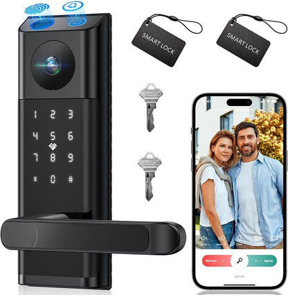 Video Smart Lock with Camera & Doorbell,5-in-1 Door Lock with Handle