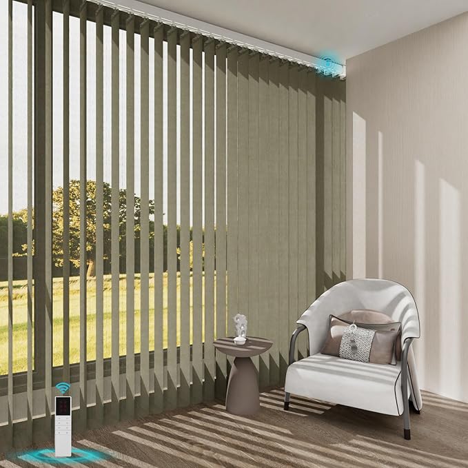 Motorized Sheer Vertical Blinds with Remote, Light Filtering Vertical Blind Sliding Door Blinds Remote Control Blinds for Sliding Glass Door Customize(Elegant Khaki)