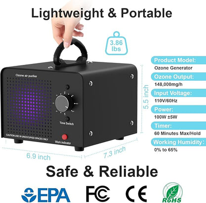 PROGRACE Ozone Generator 148,000mg/h - Commercial Ozone Machine - Negative Ion Air Purifier, High Capacity O3 Ionizer Deodorizer for Home, Car, Pets, Smoke, Industrial Use, Covers up to 6000 Sq Ft