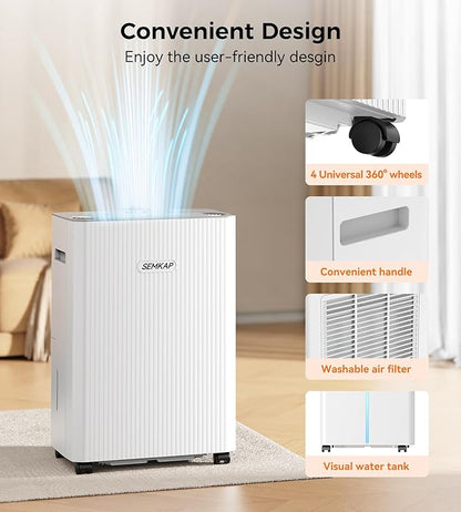 2500 Sq.Ft Dehumidifier for Basement with Drain Hose, SEMKAP 32 Pints Dehumidifiers for Home, Large Room, Bathroom, Bedroom, Low Noise With Smart Compressor, Intelligent Humidity Control, 24HR Timer