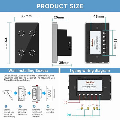 2.4GHz WiFi Smart Touch Wall Single Fire Smart Light Switch, Need Neutral Wire, Glass Panel Light Switch Work with Smart Life/Tuya App, Alexa and Google Home (Black 4 Gang)