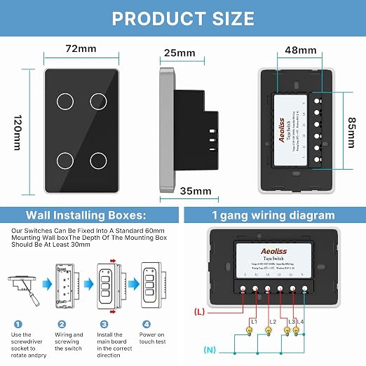2.4GHz WiFi Smart Touch Wall Single Fire Smart Light Switch, Need Neutral Wire, Glass Panel Light Switch Work with Smart Life/Tuya App, Alexa and Google Home (Black 4 Gang)