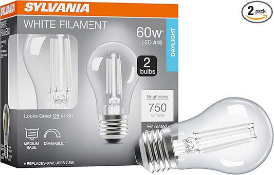 Sylvania LED White Filament Refrigerator Light Bulb, Daylight 5000K, A15 Fridge Light Bulb, Appliance Bulb for Ceiling Fan Light Bulbs, 60W, Dimmable, 750 LMS, Medium Base - 2 Pack (42248)
