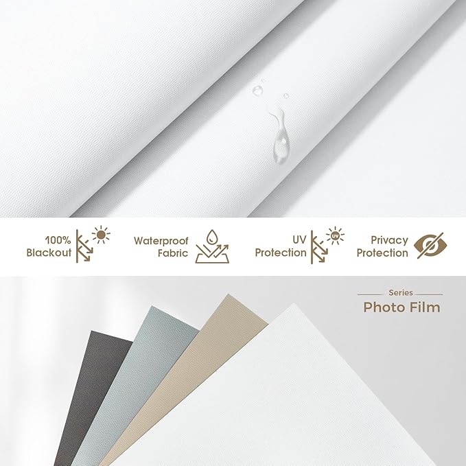 HeyBlinds Motorized Blinds with Remote, 100% Blackout Smart Blinds, Automatic Shades for Windows Compatible with Alexa Google and Homekit, Custom Size(Photo Film-White BO)