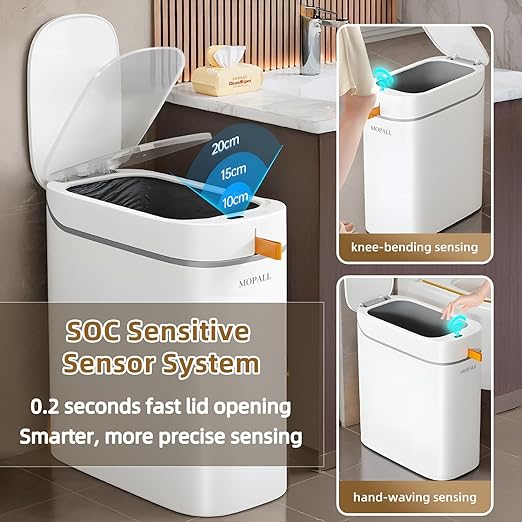 MOPALL 3.5 Gallon Motion Sensor Trash Can with Lid, Slim Touchless Automatic Garbage Bin, Space-Saving Wastebasket for Bathroom Bedroom Living Room Office, White