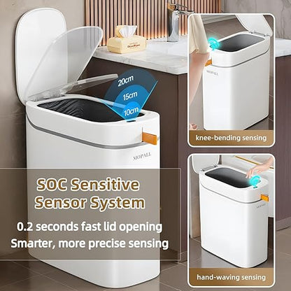 MOPALL 3.5 Gallon Motion Sensor Trash Can with Lid, Slim Touchless Automatic Garbage Bin, Space-Saving Wastebasket for Bathroom Bedroom Living Room Office, White