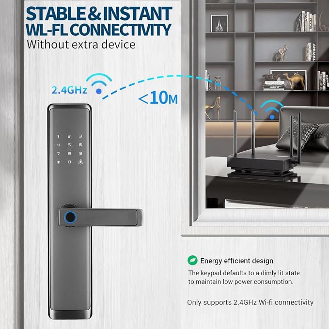 Sophies Keyless Entry Smart Lock with Handle, WiFi Door Lock, Tuya APP Control - Front Door Lock with Keypad and Anti-Peeping Password Grey
