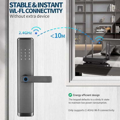 Sophies Keyless Entry Smart Lock with Handle, WiFi Door Lock, Tuya APP Control - Front Door Lock with Keypad and Anti-Peeping Password Grey