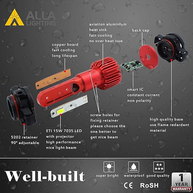 Alla Lighting 5200lm 2504 PSX24W LED Fog Lights Bulbs, 3000K Amber Yellow 12276 Extremely Super Bright 12V LEDs Replacement, AL-R Version