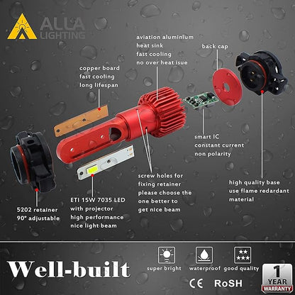 Alla Lighting 5200lm 2504 PSX24W LED Fog Lights Bulbs, 3000K Amber Yellow 12276 Extremely Super Bright 12V LEDs Replacement, AL-R Version