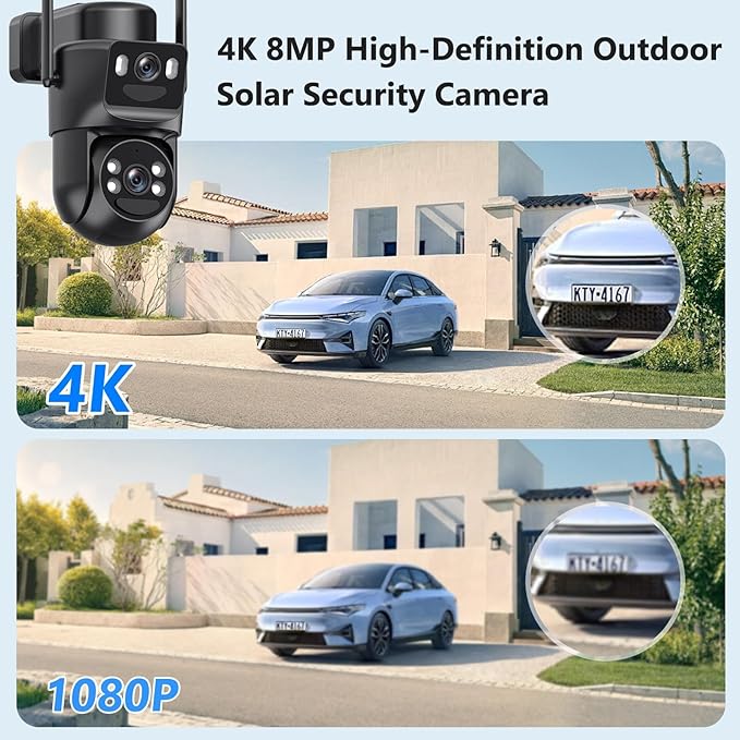4K Solar Security Cameras Wireless Outdoor Battery Powered, 5GHz & 2.4GHz Dual Lens Bullet & 360PTZ Linkage with Solar Panel, 8X Digital Zoom, Color Night Vision, Motion Detection (Black)