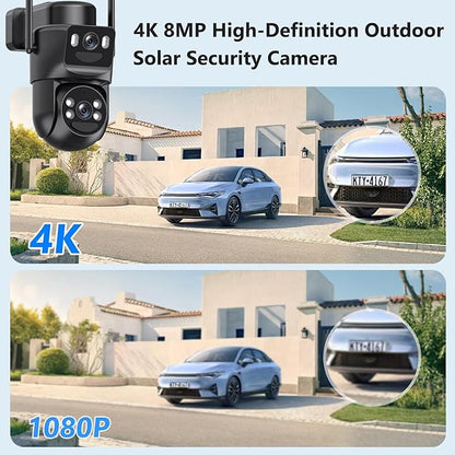 4K Solar Security Cameras Wireless Outdoor Battery Powered, 5GHz & 2.4GHz Dual Lens Bullet & 360PTZ Linkage with Solar Panel, 8X Digital Zoom, Color Night Vision, Motion Detection (Black)
