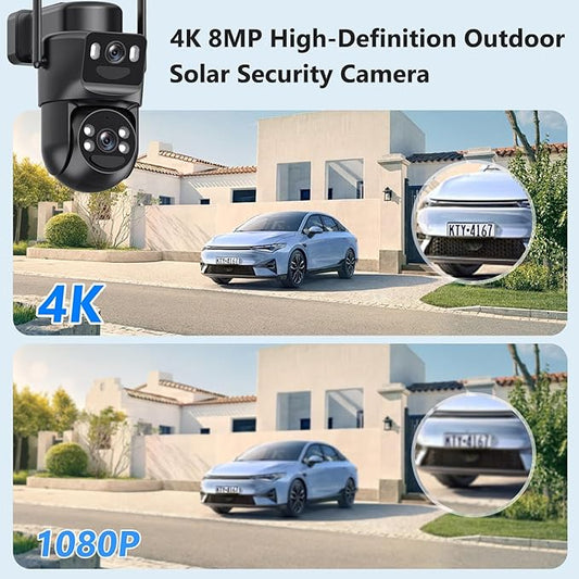 4K Solar Security Cameras Wireless Outdoor Battery Powered, 5GHz & 2.4GHz Dual Lens Bullet & 360PTZ Linkage with Solar Panel, 8X Digital Zoom, Color Night Vision, Motion Detection (Black)