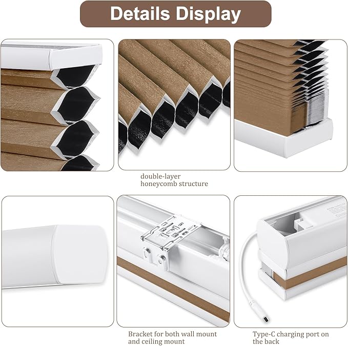 Godark Motorized TDBU Cellular Shades with Remote Control Smart Honeycomb Blinds Compatible with Alexa Google Home Smarthings Custom Double Cellular Blackout for Indoor Windows Doors-Brown