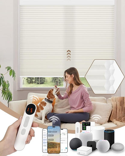 Kincmo Motorized Cellular Shades, Custom Motorized Blinds with Remote, Cordless Smart Electric Honeycomb Blinds Work with Apple HomeKit, Alexa, Google (85%-Blackout-Double-Cell Cream)