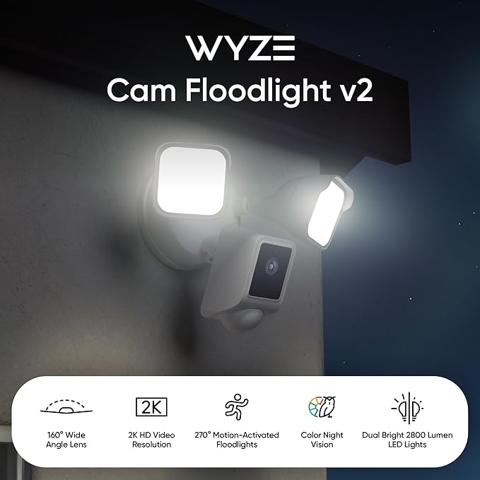 WYZE Floodlight Camera v2, 2800-Lumen LEDs, 2K HD Outdoor Security Camera, 160° Wide View, Motion Activated Light, 105dB Siren, Cloud & Local Storage, Color Night Vision, Wired (Renewed), Black