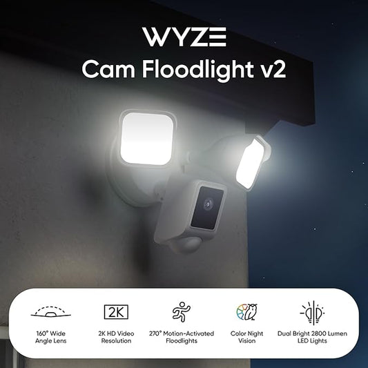 WYZE Floodlight Camera v2, 2800-Lumen LEDs, 2K HD Outdoor Security Camera, 160° Wide View, Motion Activated Light, 105dB Siren, Cloud & Local Storage, Color Night Vision, Wired (Renewed), Black