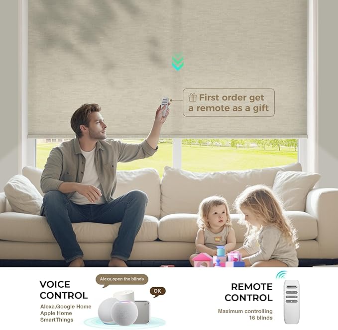 HeyBlinds Motorized Blinds with Remote, Smart Roller Shades with App & Voice Control, Work with Alexa Google HomeKit, Light Filtering Custom Window Shades for Living Room Office (Moon River-Sand LF)