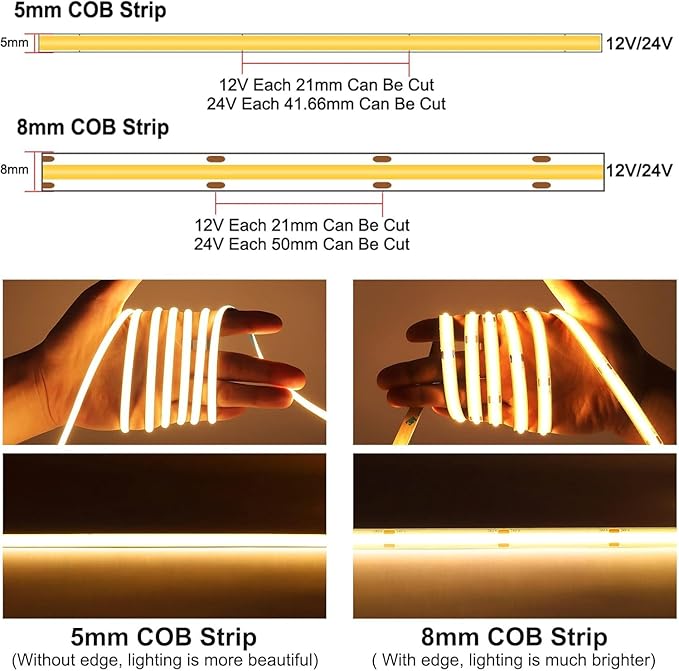 24V COB LED Strip Lights, 16.4ft Ultra Narrow 5mm Golden Yellow LED Tape with 4000 LEDs, High Bright Dotless Dimmable Flexible LED Ribbon for Indoor Hotel Home Christmas Decor (No Power Supply)