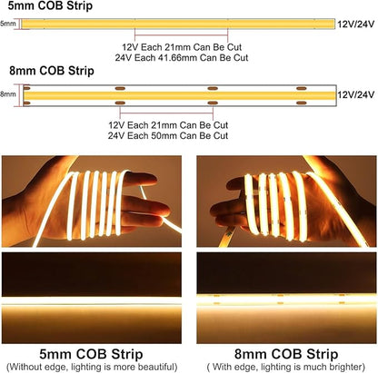 24V COB LED Strip Lights, 16.4ft Ultra Narrow 5mm Golden Yellow LED Tape with 4000 LEDs, High Bright Dotless Dimmable Flexible LED Ribbon for Indoor Hotel Home Christmas Decor (No Power Supply)