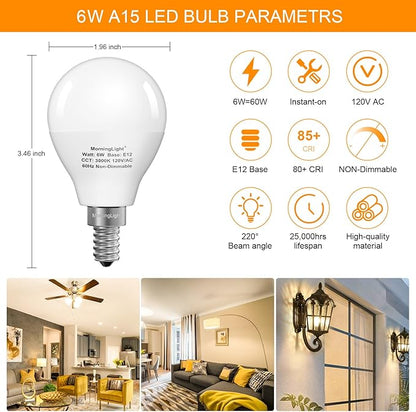 MorningLight A15 LED Bulb 60Watt Equivalent 3000K Soft White, E12 Small Base Candelabra Round Light Bulb, 600LM, Non-Dimmable, A15 Light Bulb for Ceiling Fan, Modern & Rustic Lighting Fixtures, 6 Pack
