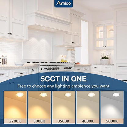 Amico 6 Pack 2 Inch 5CCT Ultra-Thin LED Canless Recessed Ceiling Light with Junction Box, 2700K/3000K/3500K/4000K/5000K Selectable, CRI90+, 6W=40W, 350LM, Dimmable Canless Wafer Downlight-ETL&FCC
