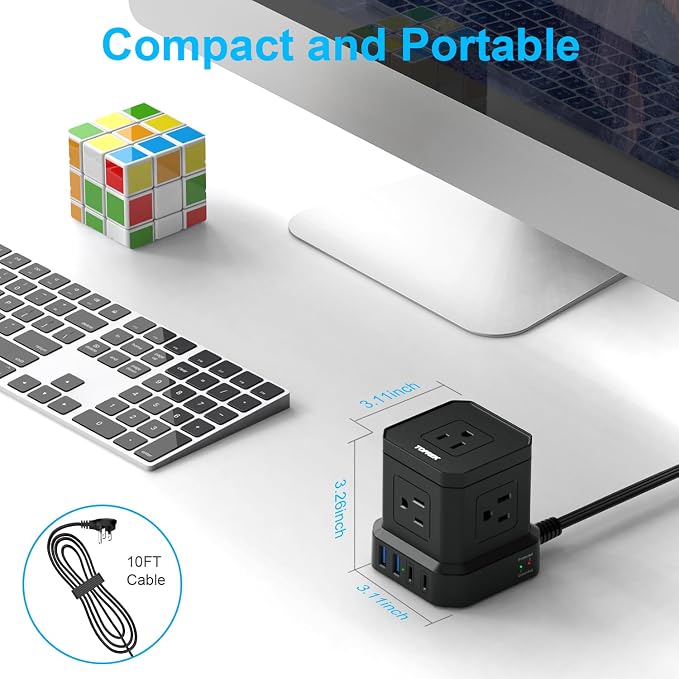 Power Strip Surge Protector (700J), 10 FT Flat Extension Cord with 5 Outlets, 2 USB-C & 2 USB-A, Power Strip with USB for Home, Office, Dorm, Hotel, Travel, Compact Desk Charging Station