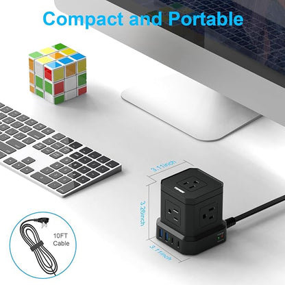 Power Strip Surge Protector (700J), 10 FT Flat Extension Cord with 5 Outlets, 2 USB-C & 2 USB-A, Power Strip with USB for Home, Office, Dorm, Hotel, Travel, Compact Desk Charging Station