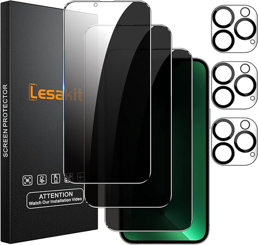 Lesakit 3+3 Pack Privacy Screen Protector for iPhone 13 Pro Max 6.7-Inch with 3 Pack Camera Lens Protector, Anti Spy Tempered Glass Film 9H Hardness Bubble Free Case Friendly