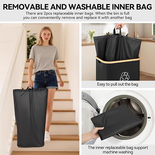 Recycling Bin for Kitchen, 26 Gallon 100L Indoor Home Recycle Bin with Lid and 2 Removeable Reusable Inner Bags, for Bottles, Cans, Glass, Plastic & Stickers, Black