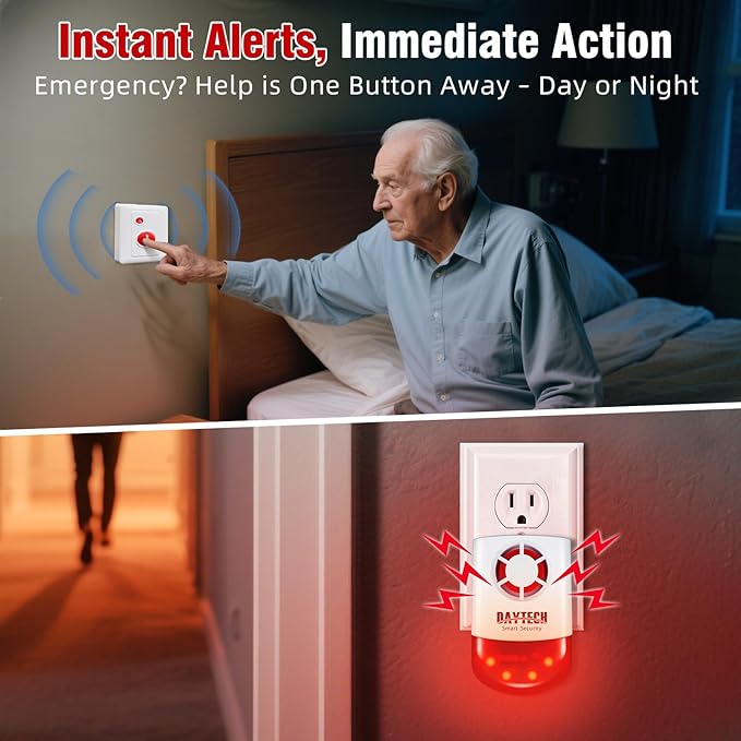 Daytech Remote Emergency Strobe Siren Alarm Kit Waterproof Outdoor Loud Panic Sos Warning System for Business Home Shop Hotel School 800ft 1 Red Flashing Siren+ 4 Call Buttons