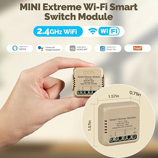 MOES WiFi Smart Relay Dimmable, Dimmer Work with Google Assistant & Alexa, Mini Smart Light Switch Module as Home Assistant, No Hub Required, Timer Relay 2 Gang 1PC, Smart Life/Tuya App