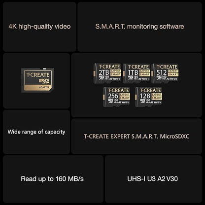 TEAMGROUP T-Create Smart A2 1TB Micro SDXC U3 V30 4K R/W Speed up to 160/150 MB/s High Speed Flash Memory Card for Creators, Compatible with GoPro, Insta360 TTCS1TIA2V3003
