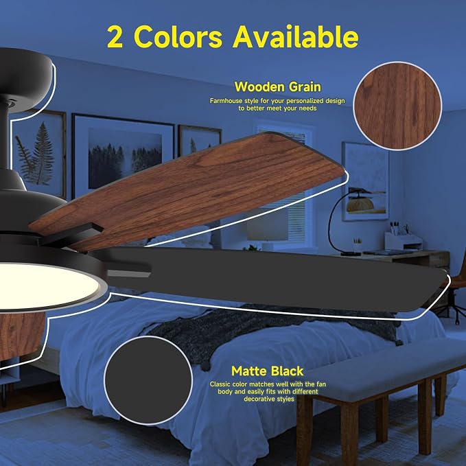 Roomratv 52 Inch Smart Ceiling Fan Compatible with App/Alexa/Google home | Black,Beep-Off Function,Ultra Quiet,Bright and Dimmable Led Light,Energy saving,Reversible,Remote Control,Rustic Farmhouse
