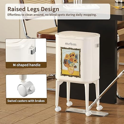 MRBIN Metal Slim Bathroom Trash Can with Legs and Wheels, 15L / 4gal Toilet Press Lid Waste Basket, Covered Office Garbage Pail for Near Desk, Narrow Vanity, Rvs, Kitchen, Sunflower