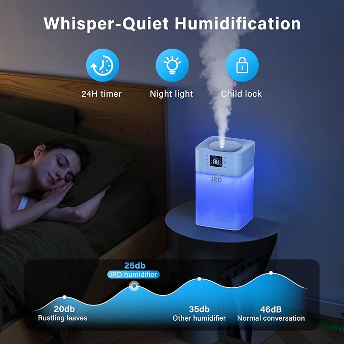 JRD Humidifiers 4L for Bedroom, Cool Mist Humidifier for Large Room, 40H Runtime, Night Light, 360° Nozzlefor Home, Office, Baby Nursery, Plants