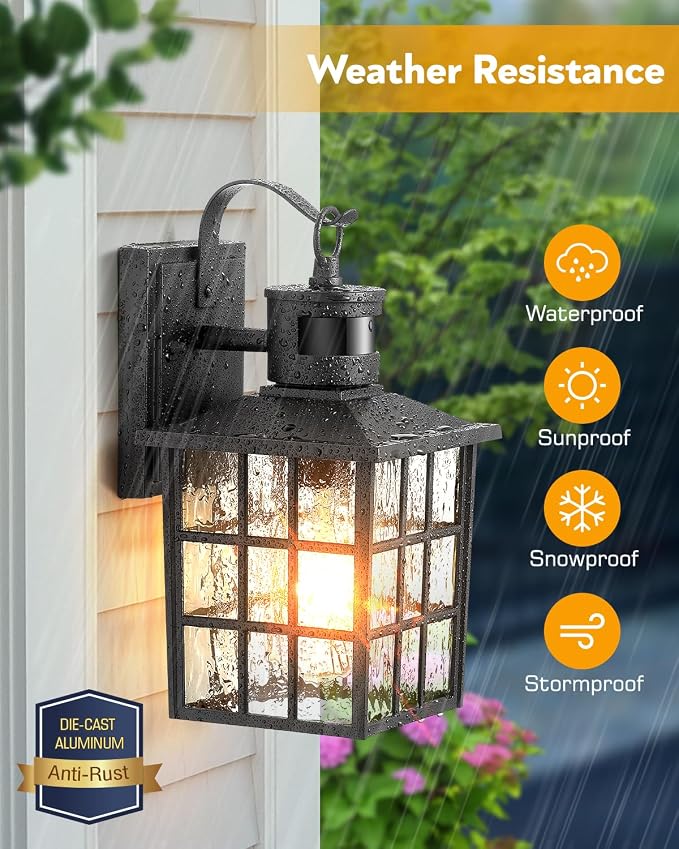 VIANIS Black Motion Sensor Porch Lights Outdoor, Brightness Adjustable