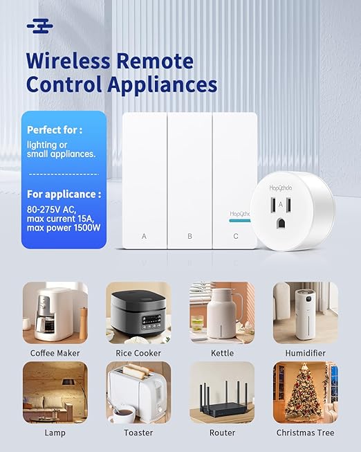 Remote Control Outlet Plug, 15A/1500W Wireless Light Switch for Lights, Fans, Projectors, Kitchen Appliances, 500 Feet RF Range Remote Light Swich Wireless, 3 Outlets & 1 Remote
