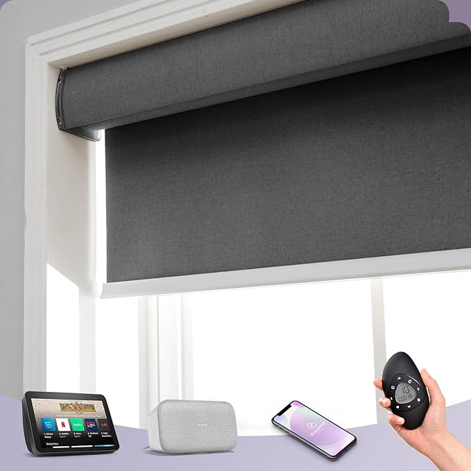 Graywind Motorized Roller Shades Work with Alexa Google Smart Blackout Shades with Remote Insulated Triple Weaved Fabric Window Blinds with Valance for Smart Home Office, Customized Size (Dark Grey)