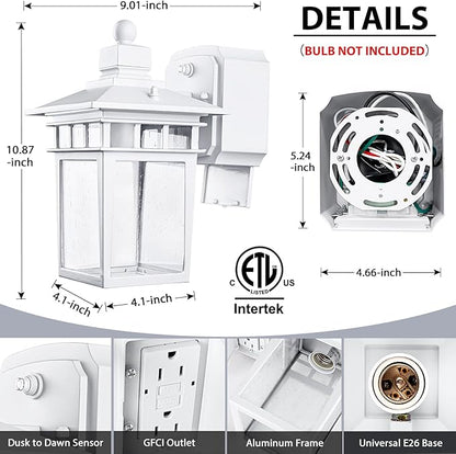 2 Pack Outdoor Light with GFCI Outlet,White Dusk to Dawn Porch Lights Outdoor Wall Light Fixture with Outlet,Aluminum Exterior Lighting Fixtures Wall Mount,Waterproof Outside Lights for House