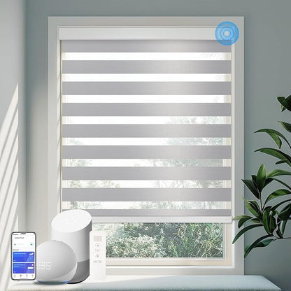 Motorized Zebra Blinds for Windows Cordless Electric Curtains with Remote Control Blackout Shades Custom Smart Blinds Compatible with Alexa Google Home(85% Blackout Grey,W55 X 72in)