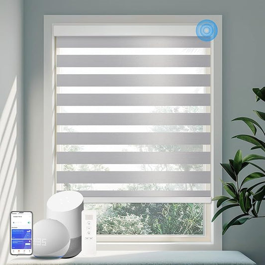 Motorized Zebra Blinds for Windows Cordless Electric Curtains with Remote Control Blackout Shades Custom Smart Blinds Compatible with Alexa Google Home(85% Blackout Grey,W46 X 72in)