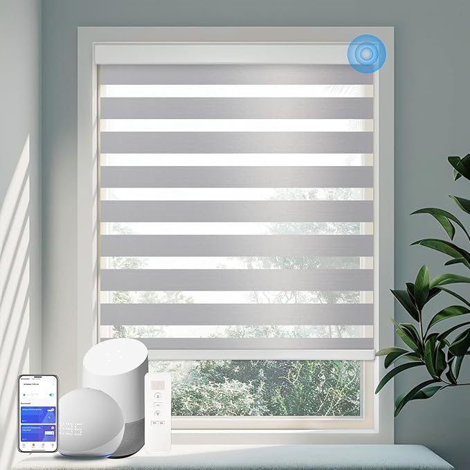 Motorized Zebra Blinds for Windows Cordless Electric Curtains with Remote Control Blackout Shades Custom Smart Blinds Compatible with Alexa Google Home(85% Blackout Grey,W36 X 72in)