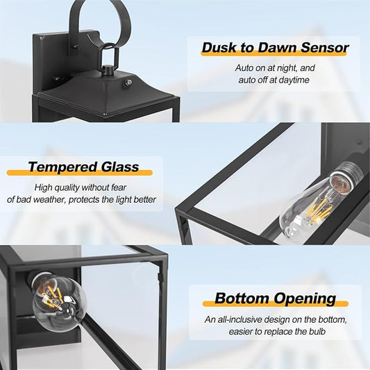 19" Large Dusk to Dawn Outdoor Lighting 2 Pack, Black Sensor Porch Lights Exterior Lighting Fixtures, Modern Wall Lantern Outdoor Wall Lights Waterproof Wall Sconce Lamp for House, Doorway, Garage