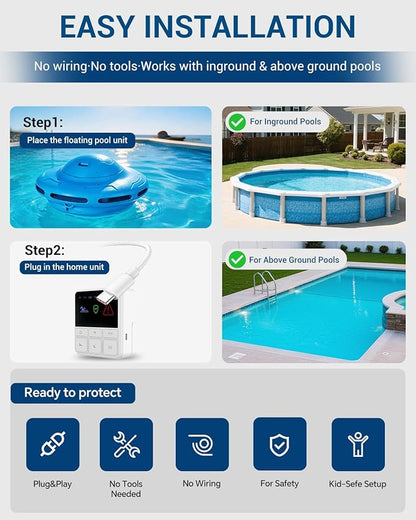 Smart Pool Alarm with App for Inground & Above Ground Pools, Adjustable Sensitivity Water Detection Alarm up to 20x40ft, 85dB+ Safety Alerts for Kids, Pets & Accidental Entry(Blue)
