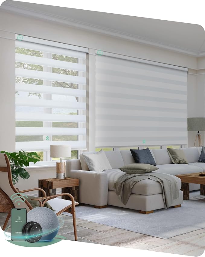 Yoolax Motorized Zebra Blinds Compatible with Alexa, Smart Dual Layer Shades with Privacy Light Control, Electric Horizontal Window Blind Customized Size for Home Office (90% Shading White Matte)