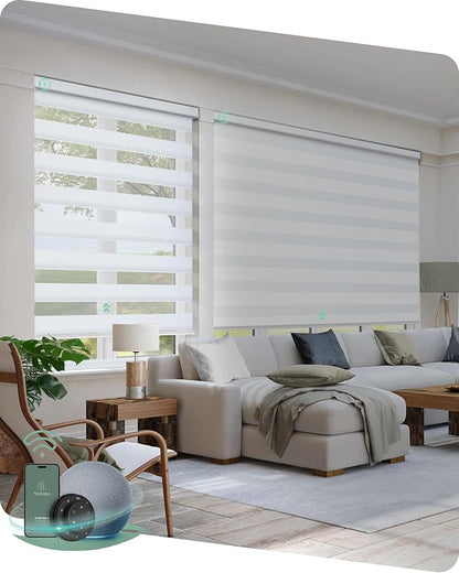 Yoolax Motorized Zebra Blinds Compatible with Alexa, Smart Dual Layer Shades with Privacy Light Control, Electric Horizontal Window Blind Customized Size for Home Office (90% Shading White Matte)