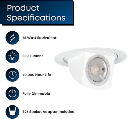 Feit Electric 5-6 inch Adjustable Scoop Recessed LED Downlight, 3000K Bright White, Dimmable, 75W Equivalent, 45 Year Life, 850 Lumen, High CRI, LEDR56SCP/930CA/SP