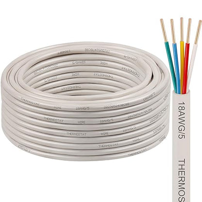 XRDS -RF 18AWG 5 Conductor Thermostat Wire 50FT, Solid Copper, 18 Gauge 5 Wire for Thermostat, HVAC, Heating and Cooling, White Jacket (10FT / 20FT / 25FT / 30FT / 50FT / 75FT / 100FT)