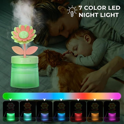 Cute Flower Mini Humidifier, Small Cool Mist Desk Humidifiers, Portable USB Personal Desktop Plant Humidifiers, Cooling for Home Office Car Travel Indoor Outdoor (260ml, Green Sunflower)